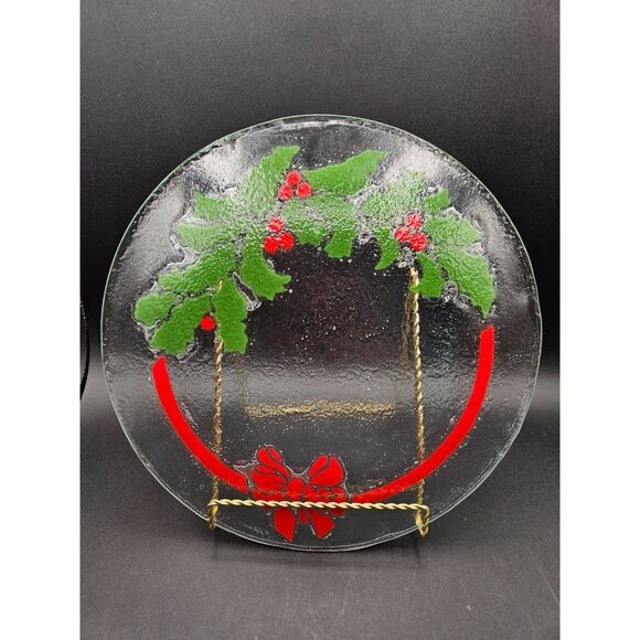 Peggy Karr Fused Glass Holiday Plate Holly & Berries with Bow Signed - Picture 2 of 4